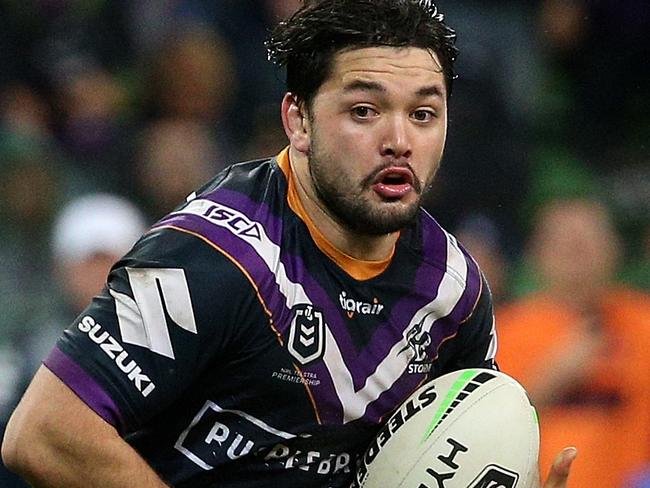 Brandon Smith of the Storm runs the ball forward during the second NRL Semi Final match between the Melbourne Storm and the Parramatta Eels at AAMI Park in Melbourne, Saturday, September 21 2019.  (AAP Image/Hamish Blair) NO ARCHIVING, EDITORIAL USE ONLY