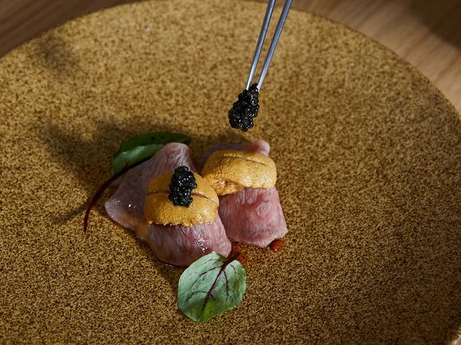 Seared wagyu, oscietra caviar, uni served at Warabi.