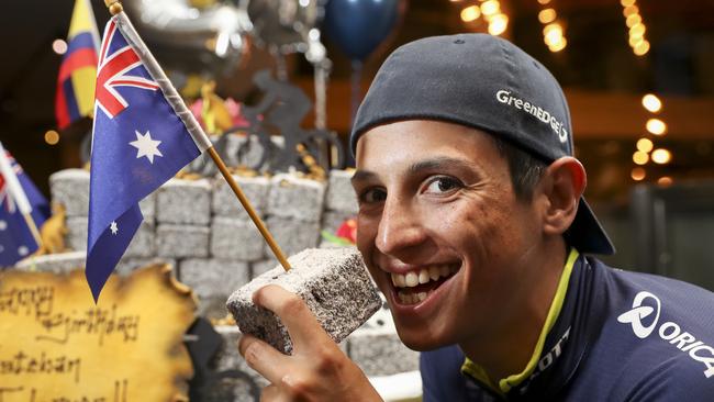 Orica-Scott rider Esteban Chaves sizes up a slice of his birthday cake. Picture: Matt Turner.