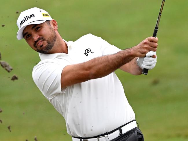 BRISBANE, AUSTRALIA - NOVEMBER 21: Jason Day of Australia plays a shot out of the bunker on the 12th hole on day one of the BMW Australian PGA Championship 2024 at Royal Queensland Golf Club on November 21, 2024 in Brisbane, Australia. (Photo by Bradley Kanaris/Getty Images)