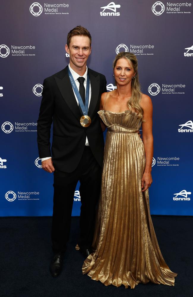 John Peers wearing his Paris Olympics 2024 gold medal, with Danielle Montgomery. (Photo by Graham Denholm/Getty Images for Tennis Australia)