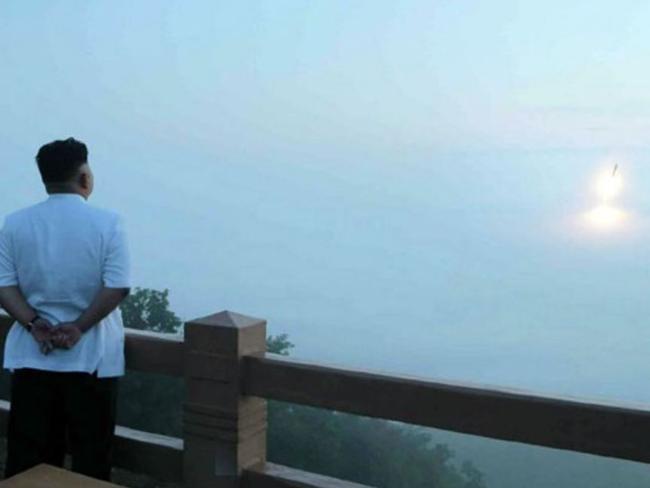 Kim Jong-un watching a Scud missile launch on June 29, 2014 from Masikryong Ski Resort. Picture: KCNA