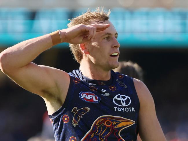 ADELAIDE, AUSTRALIA - MAY 25: Jordan Dawson of the Crows celebrates a goal during the 2025 AFL Round 11 match between Kuwarna (Adelaide Crows) and Waalitj Marawar (West Coast Eagles) at Adelaide Oval on May 25, 2025 in Adelaide, Australia. (Photo by James Elsby/AFL Photos via Getty Images)