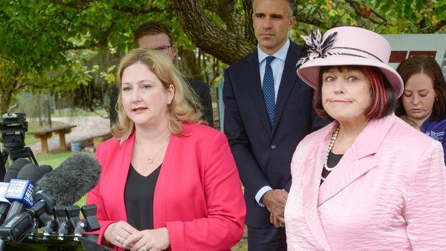 Mayo MP Rebekha Sharkie with Mt Barker Mayor Ann Ferguson at a pre-state election press. Picture: NCA NewsWire / Brenton Edwards