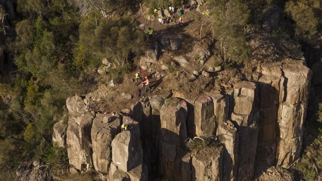 Removal of rock on the Tasman Highway near Orford. Picture ABC News Luke Bowden