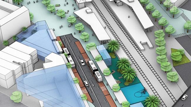 The proposed Oakleigh transport interchange urban public space and pavilion/kiosk buildings with enhanced bus interchange on Portman St, from the northwest.