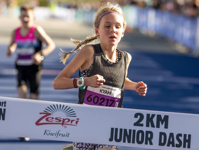 Zespri 2km Junior Dash at the Gold Coast Airport Marathon on Saturday. Winner, Kyah Anderson. Picture: Jerad Williams