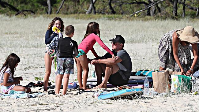 Matt Damon with family members at North Stradbroke Island in 2018.