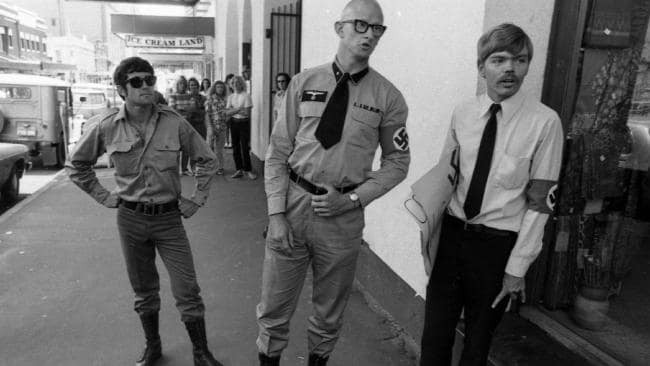 Jim Saleam, right, in 1975 at a National Socialist Party of Australia demonstration in Elizabeth Street, Brisbane, with Ross “The Skull” May. Photo: Bob Barnes