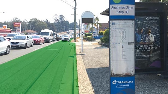 An artist impression of the Northern Transitway which will run along the parking shoulder of Gympie Rd from Kedron to Chermside. It includes banning right-hand turns out of five side streets and the removal of Strathmore St and Castle St bus stops. Picture: The Courier-Mail