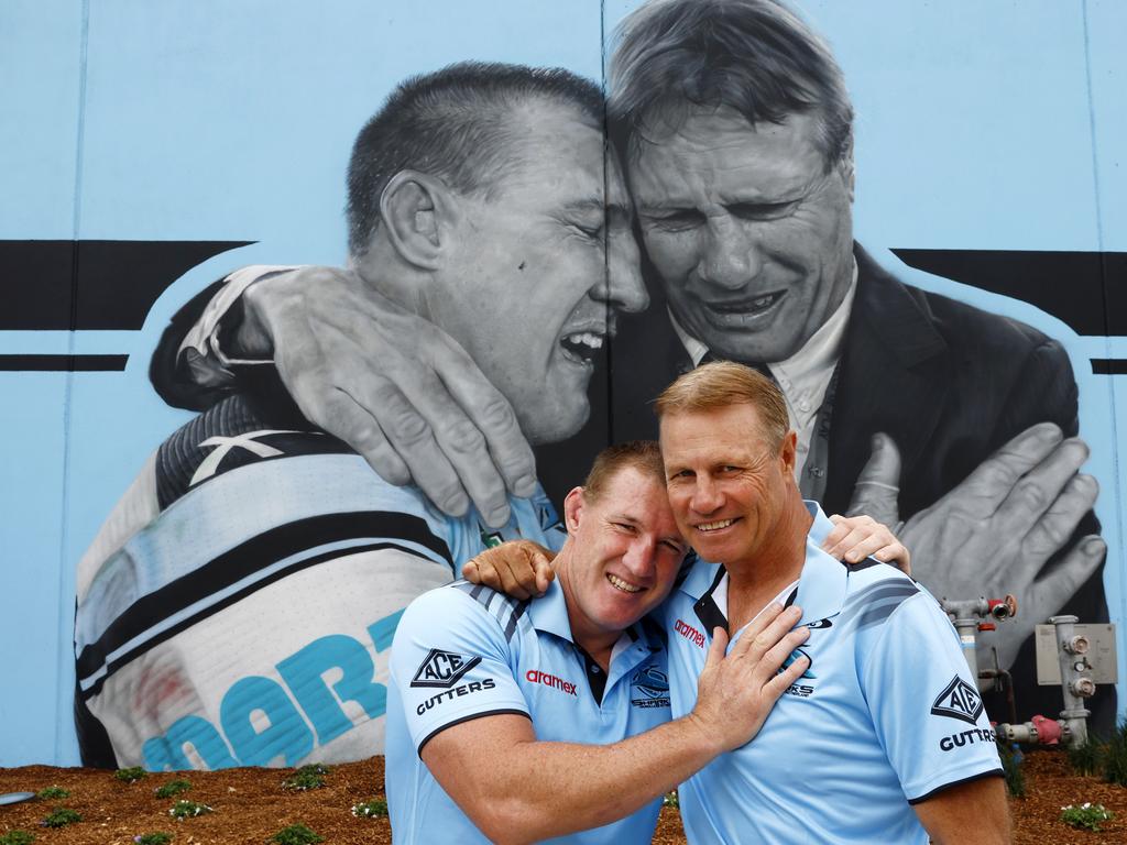 Paul Gallen and Andrew Ettingshausen at the unveiling of a new Sharks mural at Shark Park of the club greats after winning the club’s first premiership in 2016. Picture: Jonathan Ng