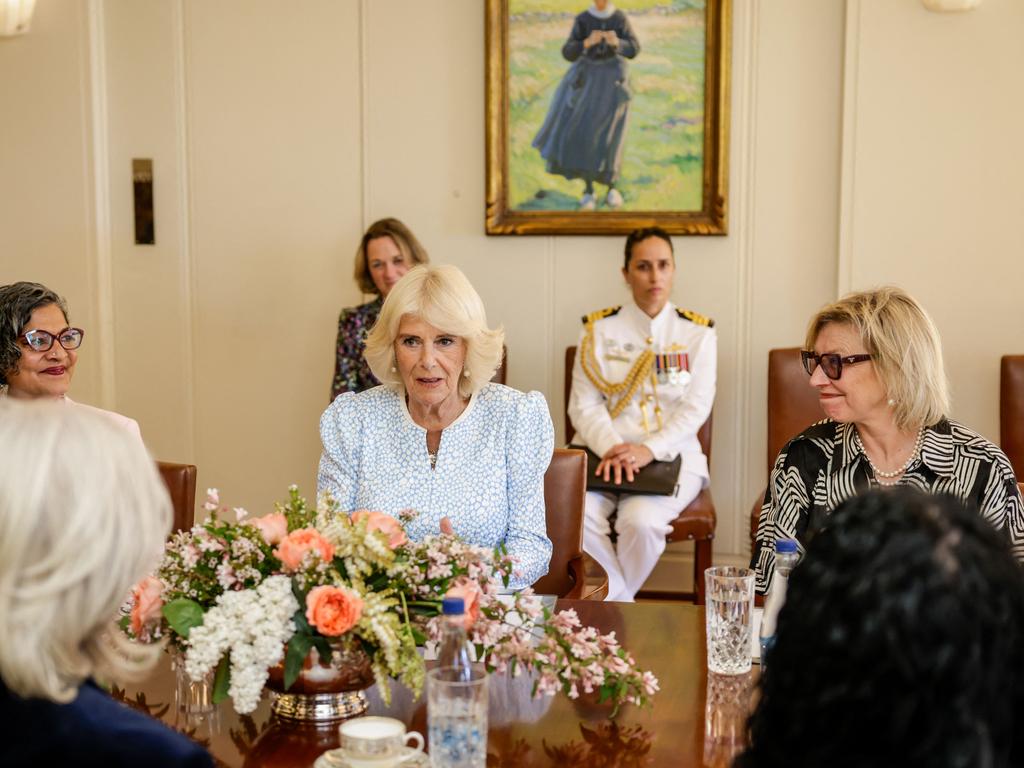 Britain's Queen Camilla takes part in a discussion on family and domestic violence with Rosie Batty at Government House in Yarralumla. Picture: AFP