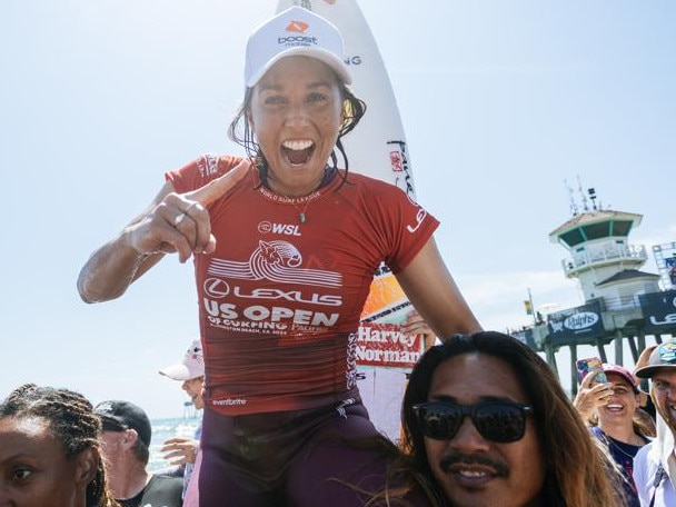 HUNTINGTON BEACH, CALIFORNIA - AUGUST 11: Sally Fitzgibbons of Australia after winning the Final at the Lexus US Open of Surfing on August 11, 2024 at Huntington Beach, California. (Photo by Emma Sharon/World Surf League)