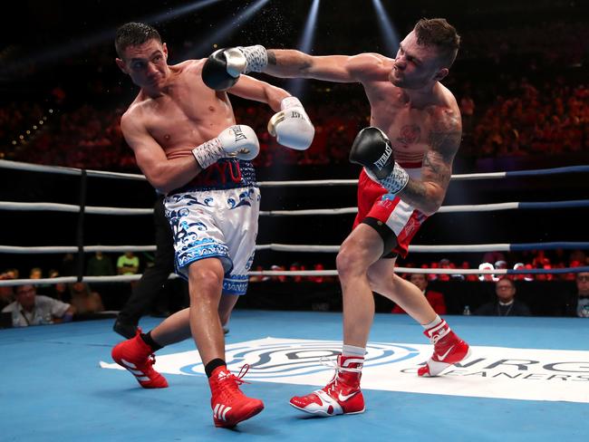 Dwight Ritchie punches Tim Tszyu during the WBO Global and IBF Australasian super-welterweight title fight in Sydney on August 14. Tszyu won on points. Picture: Cameron Spencer/Getty