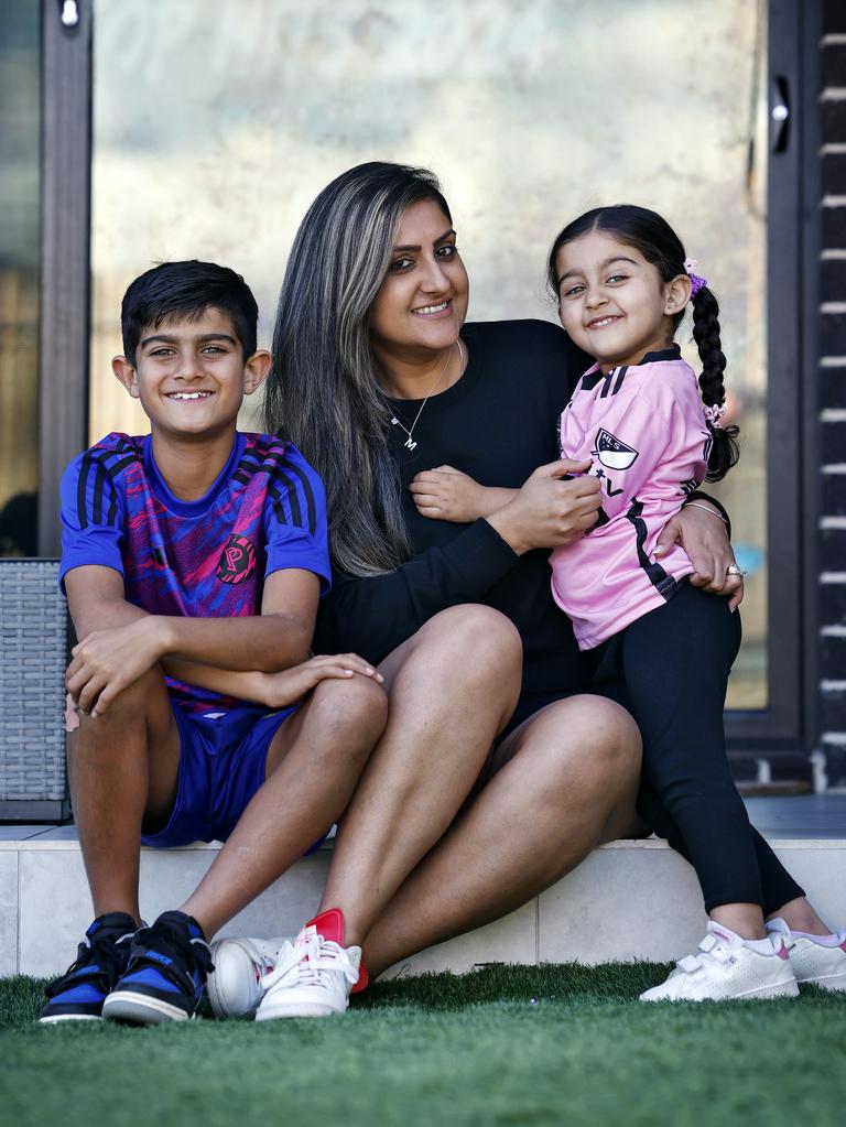 Megha Katyal with son Aaryan Katyal and daughter Aaryana Katyal at home in Box Hill today. Picture: Sam Ruttyn