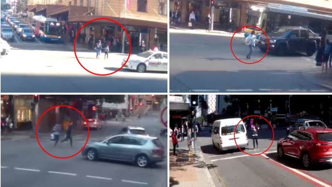 Pedestrians caught in near misses with traffic in Brisbane’s CBD.