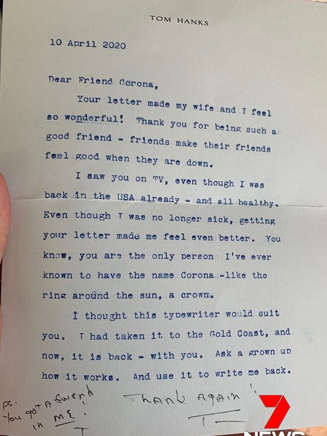 Tom Hanks wrote to a boy named Corona. Picture: 7 News