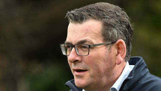 Premier Daniel Andrews and Treasurer Tim Pallas presser at Parliament Back Gardens, Victoria. Picture: Tony Gough