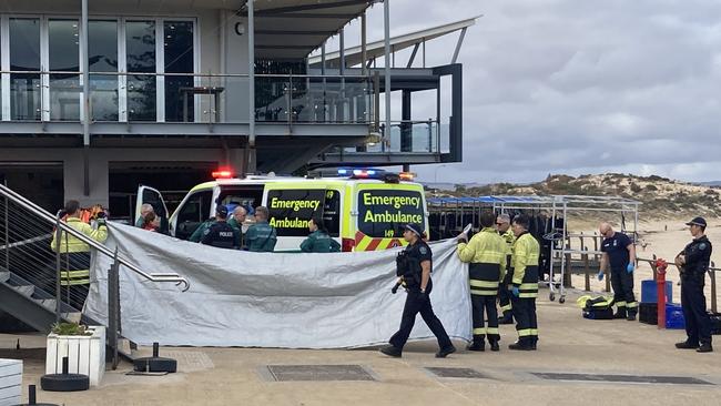 Emergency response after the shark attack at Port Noarlunga on Thursday. Picture: Jeff Anderson / First on Scene Media