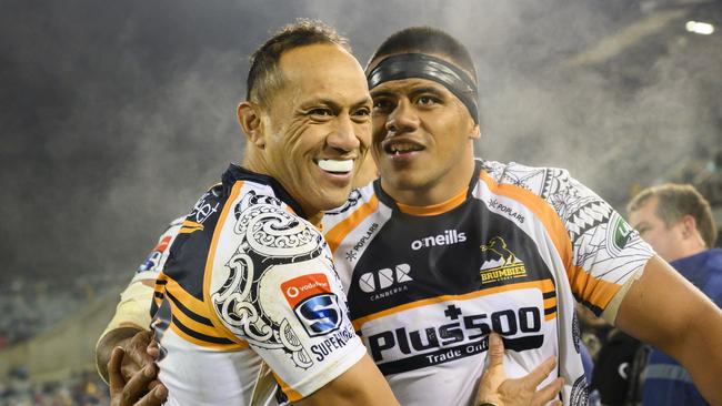 Christian Lealiifano (L) and Allan Alaalatoa have been instrumental to the Brumbies success this season. Picture: AAP