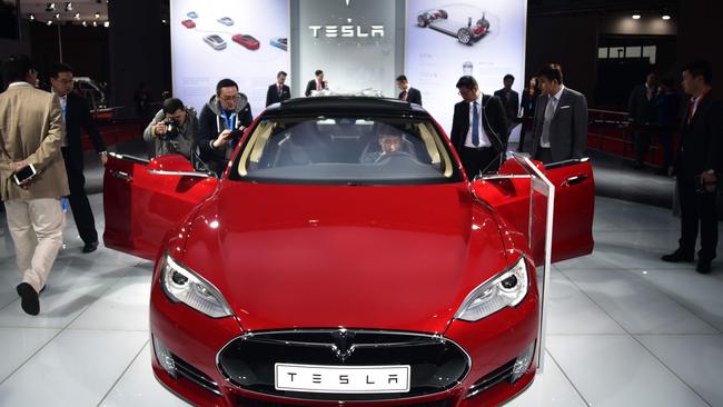 A Tesla Model S P85d car displayed at the 16th Shanghai International Automobile Industry Exhibition in Shanghai. Picture: AFP.