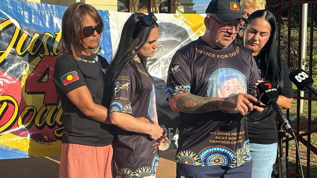 Ricky "Dougie" Hampson Junior’s family speak in front of court on the last day of his inquest. Photo: Supplied.