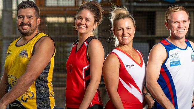 Darwin Hockey grand final captains, Rob Smart (Nightcliff), Stacey Luck (Commerce-PINT), Chantrelle Carey (Waratah) and Patrick Clapp (Easts) face off in this year’s Darwin Hockey League grand final. Picture: Che Chorley