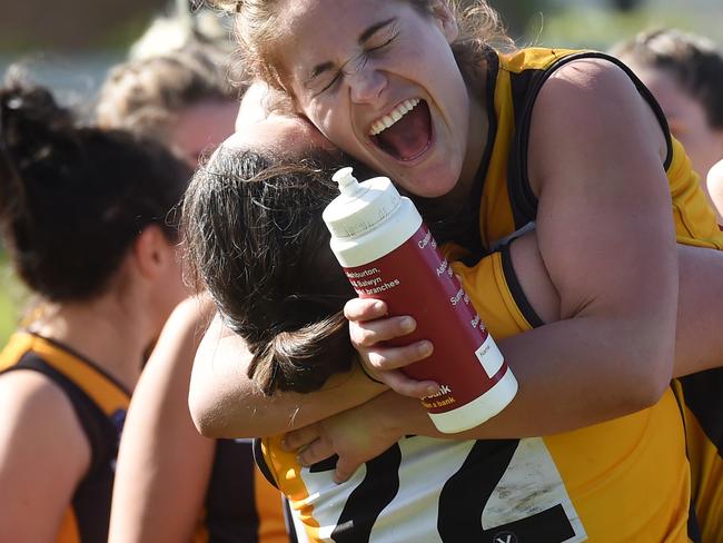 VAFA Womens football division 4  second semi finall: Hawthorn v South Melbourne Districts at Rathmines Road Reserve. Hawthorn #9 Kiera Colegate celebrates with #22 Greta Drane. Picture: AAP/ Chris Eastman