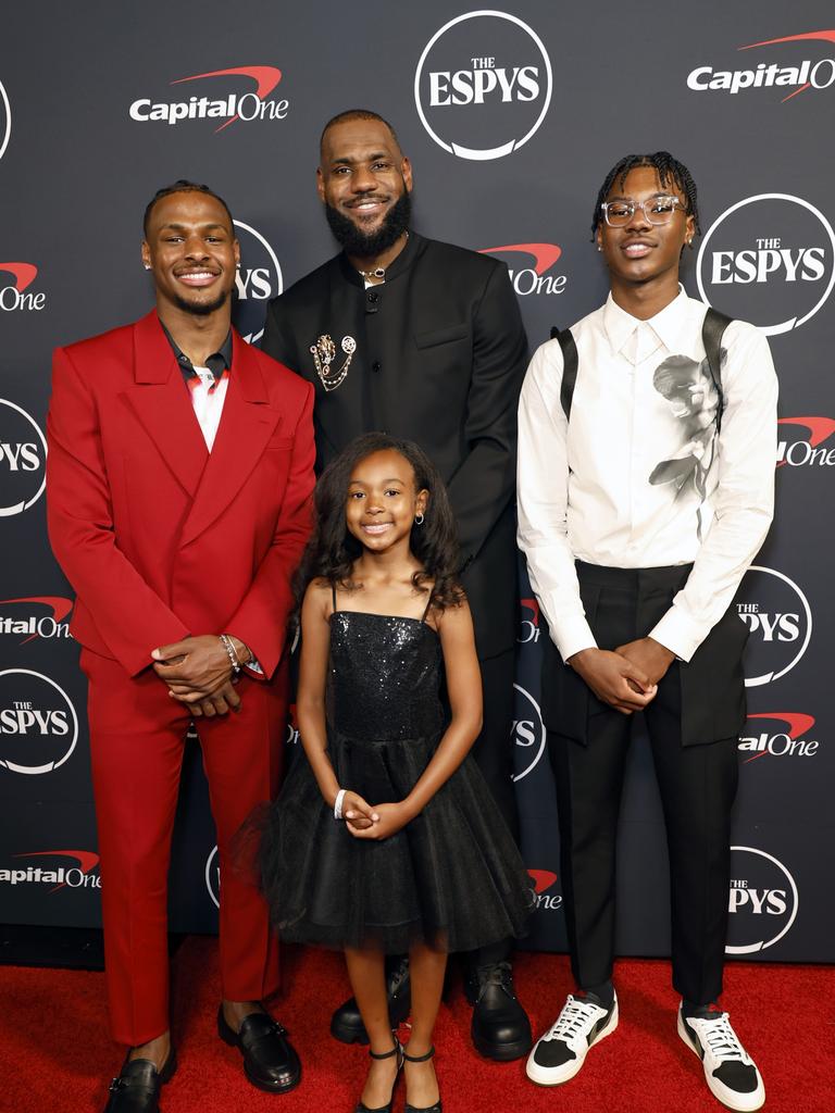 Bronny James, LeBron James, Zhuri James, and Bryce James attend The 2023 ESPY Awards. Photo by Frazer Harrison/Getty Images.