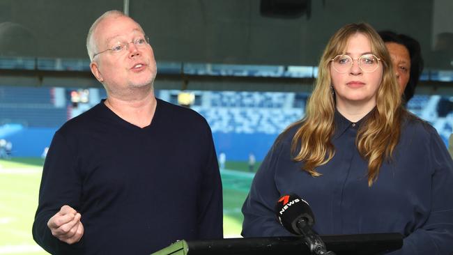 Film executive producer Stan Wlodkowski and producer Gillian Bohrer at Kardinia Park. Picture: Alison Wynd