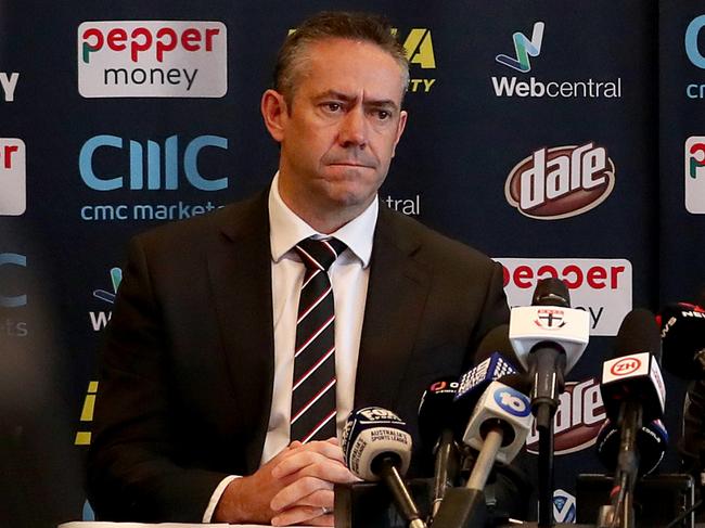 Simon Lethlean at St Kilda’s announcement of Brett Ratten’s departure. Picture: Getty Images