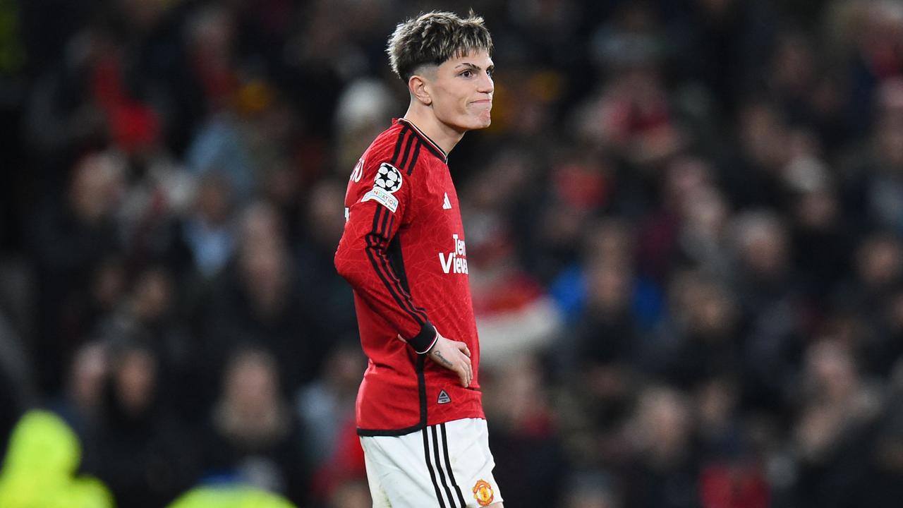 Manchester United's Argentinian midfielder #17 Alejandro Garnacho reacts during the UEFA Champions League group A football match between Manchester United and FC Bayern Munich at Old Trafford stadium in Manchester, north west England, on December 12, 2023. (Photo by PETER POWELL / AFP)