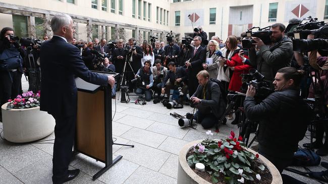 PM Malcolm Turnbull holding a press conference at Parliament House in Canberra. Picture: Kym Smith