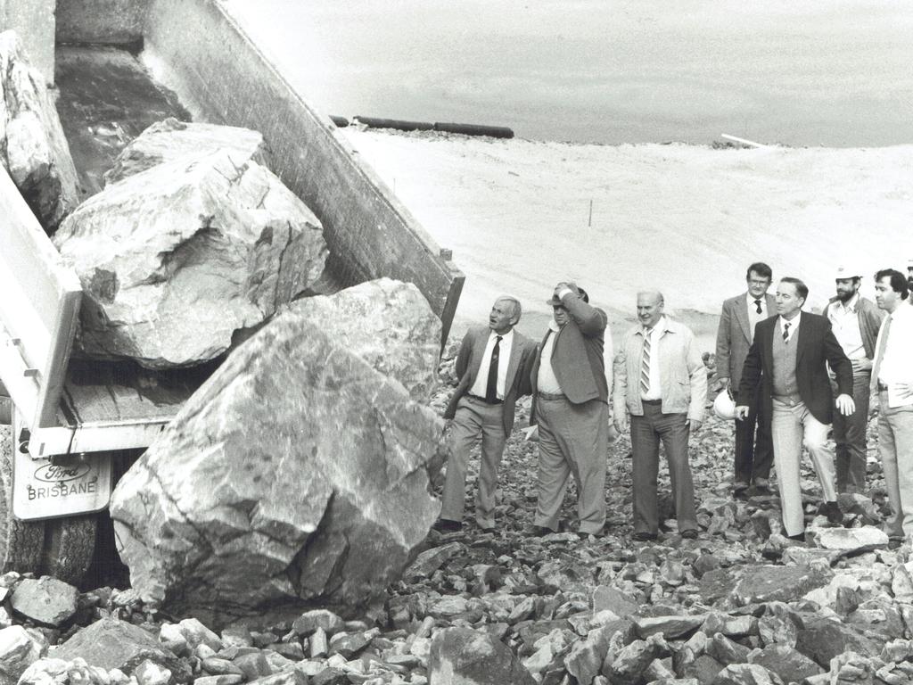 Construction of the rock walls for the new Seaway at Southport bar July, 1984. (L-R) Doug Jennings, Russ Hinze, Bill Lavor, Denis O'Connell and Rob Borbidge. Supplied photo.