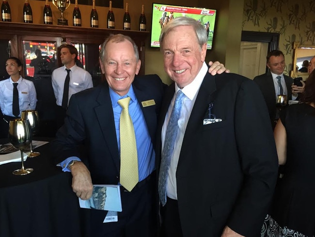 Owner John Moore (left) and Bryan Guy celebrate after winning the Queensland Derby with Eagle Way.