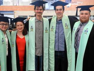 CQUni's December 4 morning graduation ceremony: Nussareen Cheja, Alice Robertson, Isaac Jenkins, Kyle Zulian and Jesse Delandelles. Picture: Jann Houley