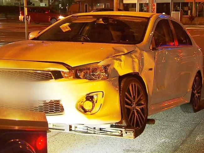 The aftermath of a car and tram crash at Southport on Tuesday night. Picture: 7 News