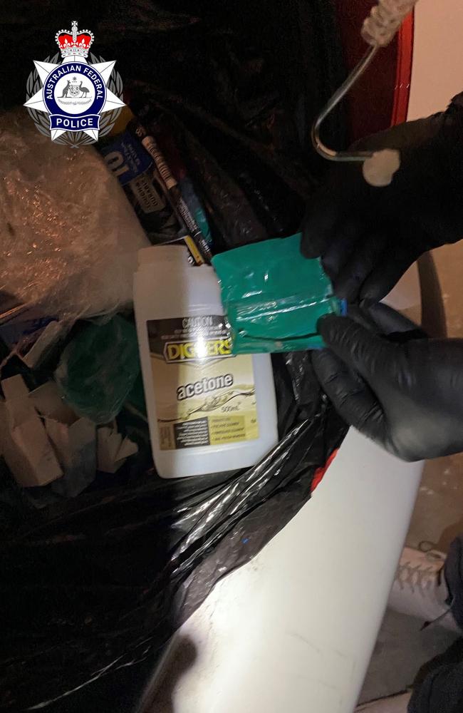 Seized acetone bottle under Operation Eldia where arrests were amde as part of an international drug bust involving alleged crimes in Los Angeles and Sydney.