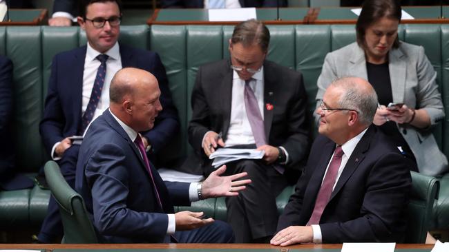 Peter Dutton with the Prime Minister Scott Morrison during Question Time last week. Picture: Gary Ramage 