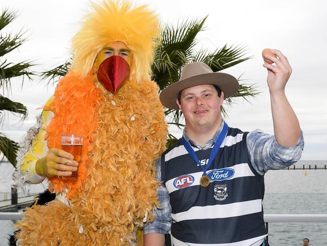 GEELONG, AUSTRALIA - SEPTEMBER 26: Jeremy Cameron of the Cats and Sam Moorfoot pose at the Geelong Cats official end of AFL season celebrations at Wharf Shed on September 26, 2022 in Geelong, Australia. (Photo by Morgan Hancock/Getty Images)