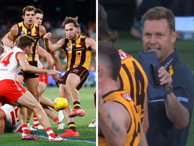 Sam Mitchell's spray of the Hawthorn defender. Photos: Getty Images/Fox Sports