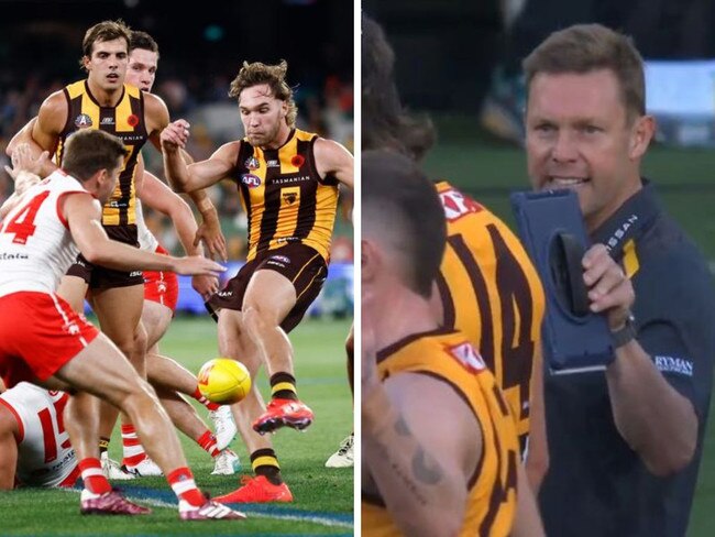 Sam Mitchell's spray of the Hawthorn defender. Photos: Getty Images/Fox Sports