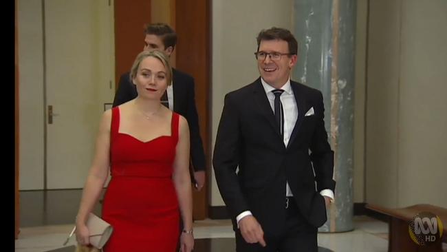 Federal MP Alan Tudge arrives at the 2017 Mid-Winter Ball in the company of Liberal staffer Rachelle Miller, with whom he was having an affair. She later revealed the relationship on Four Corners.