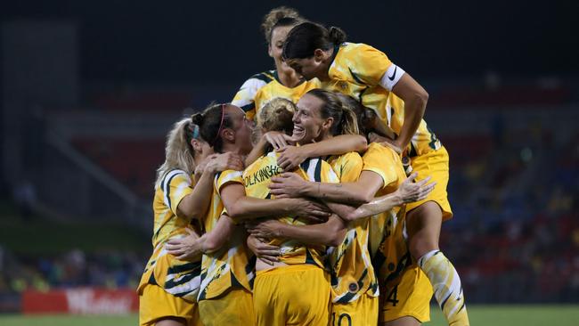 The Matildas celebrate a goal during the Olympics play-off match against Vietnam in March. Picture: Ashley Feder/Getty Images