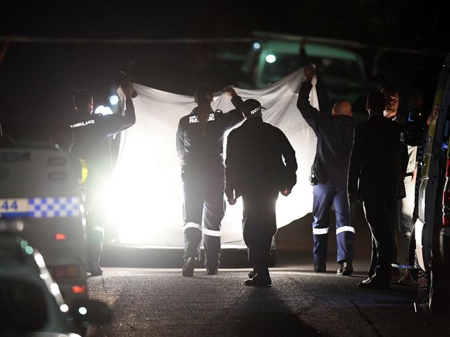 Police at the scene where a teenage girl and boy were shot in their bedrooms in a suburban home in West Pennant Hills. Picture: Dan Himbrechts.