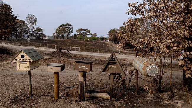 Burnt letterboxes in Clifton Creek in Bairnsdale, Victoria. Picture: Luis Ascui/Getty Images