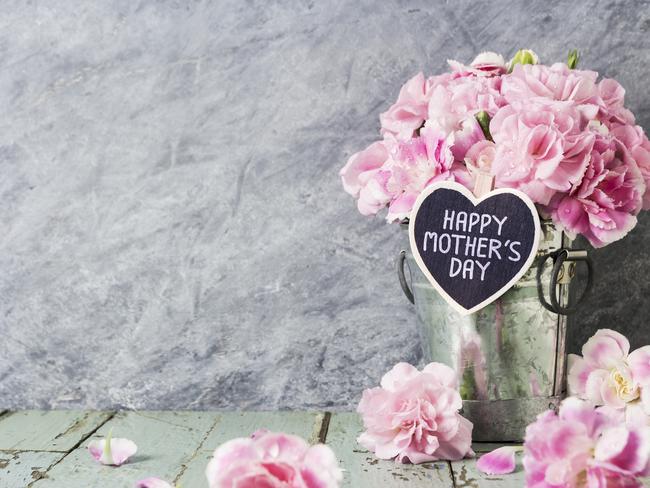 Pink carnation flowers in zinc bucket with happy mothers day letter on wood heart. iStock generic Mother's Day