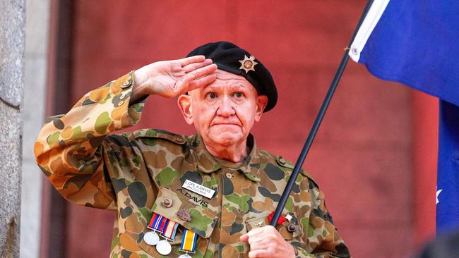 Lance Coporal A.Davis on the steps of the Shrine of Remembrance. Picture: Getty Images