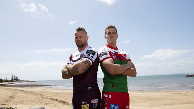 Luke Page from Burleigh Bears and Mitch Cronin from Wynnum Manly Seagulls posing at Redcliffe Jetty for a grand final preview. (AAP Image/Attila Csaszar)