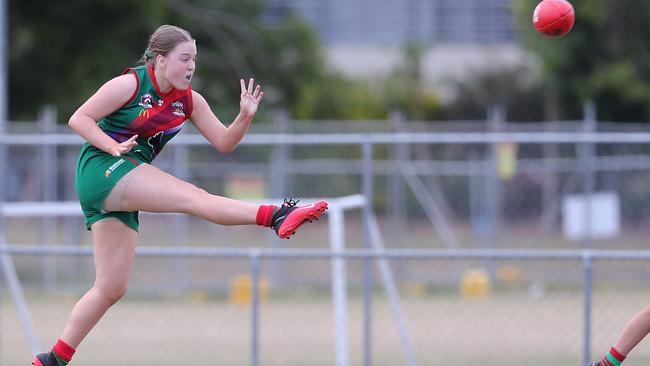 A booming kick in the Sandgate vs Jindalee U/15 Girls final. Pic Peter Wallis